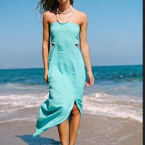 Free People Ciao Linen Midi Dress Sleeveless Pull On Cutout Slit L